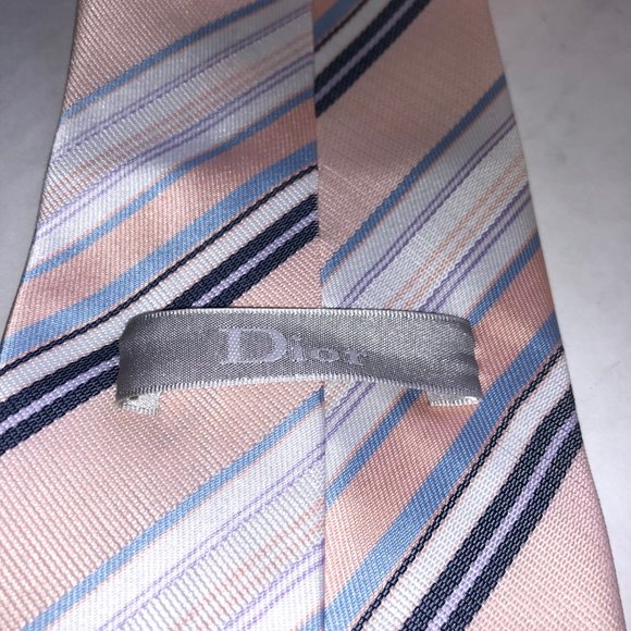 Dior Necktie Peach Blue Striped 100% Silk - Picture 3 of 5
